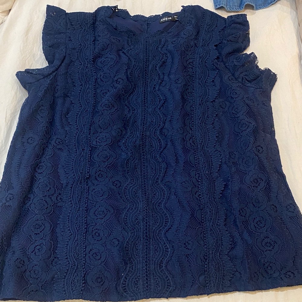 SHEIN Navy Lace Cap Sleeve Blouse never worn